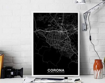 CORONA California CA USA map poster black white Hometown City Print Modern Home Decor Office Decoration Wall Art Dorm Bedroom Gift