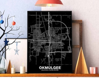 OKMULGEE Oklahoma OK US map poster black white Hometown City Print Modern Home Decor Office Decoration Wall Art Dorm Bedroom Gift