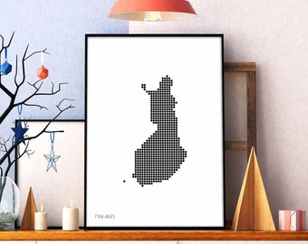 FINLAND minimal dots retro map poster black white wall decor design modern swiss scandinavian nordic housewarming travel