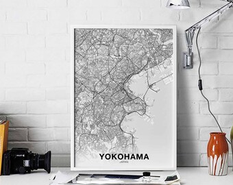 YOKOHAMA Japan map poster black white Hometown City Print Modern Home Decor Office Decoration Wall Art Dorm Bedroom Gift