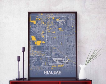 HIALEAH Florida FL US map poster color Hometown City Print Modern Home Decor Office Decoration Wall Art Dorm Bedroom Gift