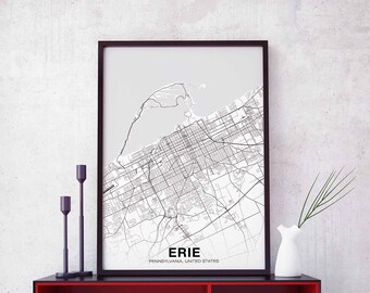 ERIE Pennsylvania PA USA map poster black white Hometown City Print Modern Home Decor Office Decoration Wall Art Dorm Bedroom Gift