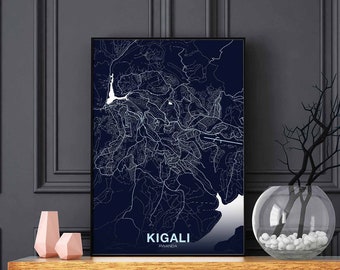 KIGALI Rwanda poster map night blue Hometown City Print Modern Home Decor Office Decoration Wall Art Dorm Bedroom Gift