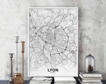 LYON France map poster black white Hometown City Print Modern Home Decor Office Decoration Wall Art Dorm Bedroom Gift