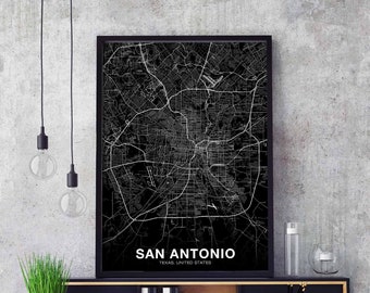 SAN ANTONIO Texas TX usa map poster black white Hometown City Print Modern Home Decor Office Decoration Wall Art Dorm Bedroom Gift