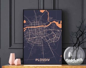 PLOVDIV Bulgaria map poster color Hometown City Print Modern Home Decor Office Decoration Wall Art Dorm Bedroom Gift