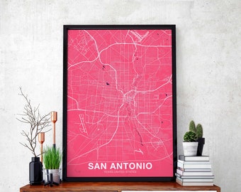 SAN ANTONIO Texas TX usa map poster color Hometown City Print Modern Home Decor Office Decoration Wall Art Dorm Bedroom Gift