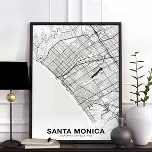Affiche de carte de SANTA MONICA, Californie, États-Unis, noir et blanc, ville natale, ville, impression moderne, décoration de maison, décoration de bureau, art mural, dortoir, chambre, cadeau