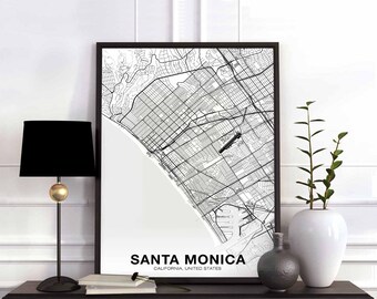 SANTA MONICA California CA usa map poster black white Hometown City Print Modern Home Decor Office Decoration Wall Art Dorm Bedroom Gift