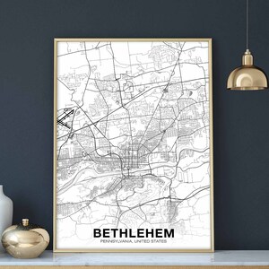 Affiche de carte de BETHLEEM, Pennsylvanie, Pennsylvanie, États-Unis, noir et blanc, ville natale, ville, impression moderne, décoration de maison, décoration de bureau, art mural, dortoir, chambre, cadeau
