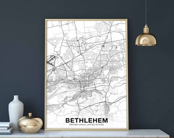BETHLEHEM Pennsylvania PA USA map poster black white Hometown City Print Modern Home Decor Office Decoration Wall Art Dorm Bedroom Gift