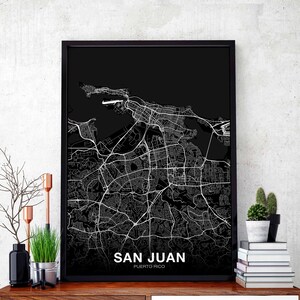 Affiche de carte de SAN JUAN portoricaine noir blanc ville natale ville impression moderne décor à la maison bureau décoration mur art dortoir chambre cadeau