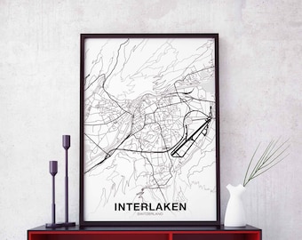 INTERLAKEN Switzerland map poster black white Hometown City Print Modern Home Decor Office Decoration Wall Art Dorm Bedroom Gift