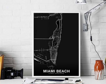 MIAMI BEACH Florida FL usa map poster black white Hometown City Print Modern Home Decor Office Decoration Wall Art Dorm Bedroom Gift