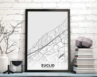 EUCLID Ohio OH USA map poster black white Hometown City Print Modern Home Decor Office Decoration Wall Art Dorm Bedroom Gift