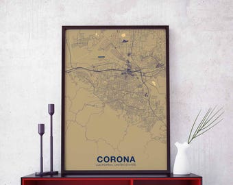 CORONA California CA US map poster color Hometown City Print Modern Home Decor Office Decoration Wall Art Dorm Bedroom Gift