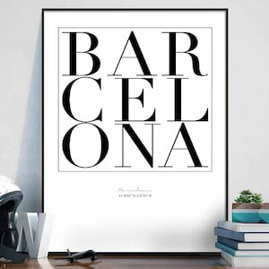 Póster con impresión artística de tipografía minimalista de Barcelona, diseño de decoración de pared en blanco y negro, inspiración nórdica escandinava suiza moderna