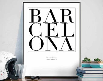 Barcelona minimal typography art print poster black white wall decor design modern swiss scandinavian nordic inspiration city