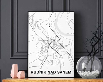 RUDNIK nad SANEM POLAND map poster black white Hometown City Print Modern Home Decor Office Decoration Wall Art Dorm Bedroom Gift