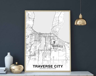 TRAVERSE CITY Michigan USA map poster black white Hometown City Print Modern Home Decor Office Decoration Wall Art Dorm Bedroom Gift
