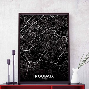 ROUBAIX France carte affiche noir blanc ville natale ville impression moderne décor à la maison bureau décoration mur art dortoir chambre cadeau