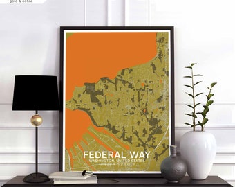 FEDERAL WAY Washington USA map poster black white Hometown City Print Modern Home Decor Office Decoration Wall Art Dorm Bedroom Gift