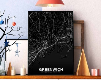 GREENWICH Connecticut CT usa map poster black white Hometown City Print Modern Home Decor Office Decoration Wall Art Dorm Bedroom Gift