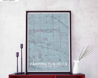 FARMINGTON HILLS Michigan USA map poster black white Hometown City Print Modern Home Decor Office Decoration Wall Art Dorm Bedroom Gift