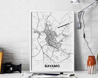 BAYAMO Cuba map poster black white  Hometown City Print Modern Home Decor Office Decoration Wall Art Dorm Bedroom Gift