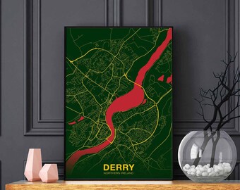 DERRY Northern Ireland map poster color Hometown City Print Modern Home Decor Office Decoration Wall Art Dorm Bedroom Gift