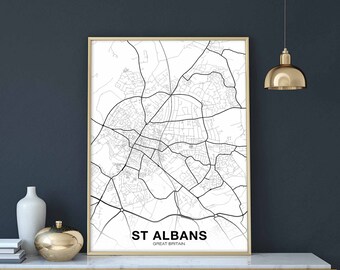 ST ALBANS Great Britain GB uk map poster black white Hometown City Print Modern Home Decor Office Decoration Wall Art Dorm Bedroom Gift
