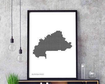 BURKINA FASO minimal dots retro map poster black white wall decor design modern swiss scandinavian nordic housewarming travel