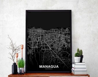 MANAGUA Nicaragua map poster black white Hometown City Print Modern Home Decor Office Decoration Wall Art Dorm Bedroom Gift