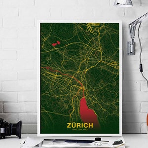 May include: A green and yellow map of Zurich, Switzerland with a red lake in the center. The city name is written in white at the bottom of the map.