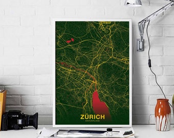ZURICH Switzerland Schweiz Suisse map poster color Hometown City Print Modern Home Decor Office Decoration Wall Art Dorm Bedroom Gift
