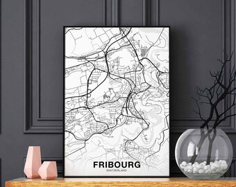FRIBOURG Switzerland map poster black white Hometown City Print Modern Home Decor Office Decoration Wall Art Dorm Bedroom Gift