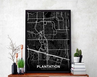 PLANTATION Florida FL USA map poster black white Hometown City Print Modern Home Decor Office Decoration Wall Art Dorm Bedroom Gift