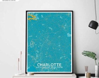CHARLOTTE North Carolina USA map poster black white Hometown City Print Modern Home Decor Office Decoration Wall Art Dorm Bedroom Gift