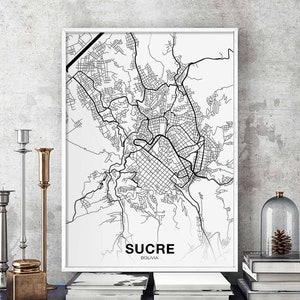 Affiche carte SUCRE bolivie noir blanc ville natale ville impression moderne décor à la maison bureau décoration art mural dortoir chambre cadeau