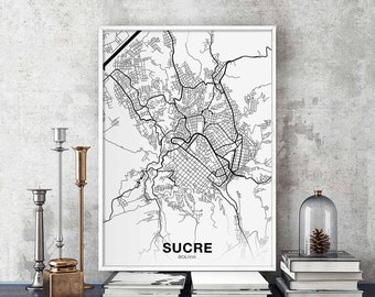 SUCRE Bolivia map poster black white Hometown City Print Modern Home Decor Office Decoration Wall Art Dorm Bedroom Gift