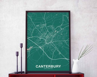 CANTERBURY Great Britain UK map poster color Hometown City Print Modern Home Decor Office Decoration Wall Art Dorm Bedroom Gift