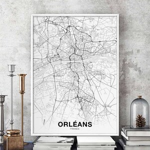 ORLEANS France carte affiche noir blanc ville natale ville impression moderne décor à la maison bureau décoration mur art dortoir chambre cadeau