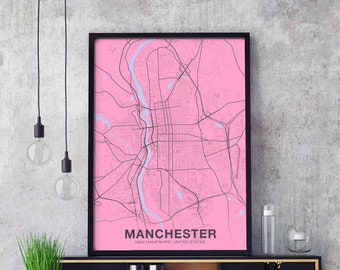 MANCHESTER New Hampshire NH USA poster color Hometown City Print Modern Home Decor Office Decoration Wall Art Dorm Bedroom Gift