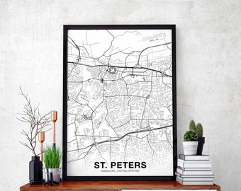 ST PETERS Missouri MO us map poster black white Hometown City Print Modern Home Decor Office Decoration Wall Art Dorm Bedroom Gift
