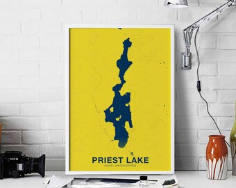 PRIEST LAKE Idaho ID us map poster color Hometown City Print Modern Home Decor Office Decoration Wall Art Dorm Bedroom Gift
