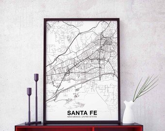 SANTA FE New Mexico NM usa map poster black white Hometown City Print Modern Home Decor Office Decoration Wall Art Dorm Bedroom Gift