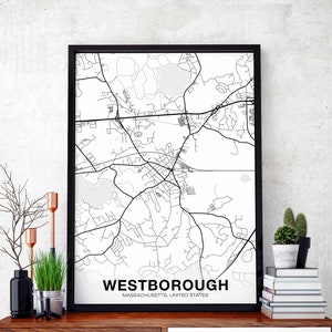 WESTBOROUGH Massachusetts MA USA carte affiche noir blanc ville natale ville impression moderne décoration maison bureau décoration mur art dortoir chambre cadeau