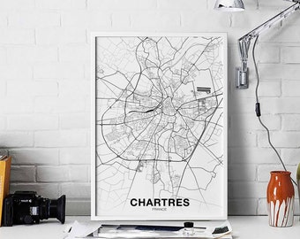 CHARTRES France map poster black white Hometown City Print Modern Home Decor Office Decoration Wall Art Dorm Bedroom Gift