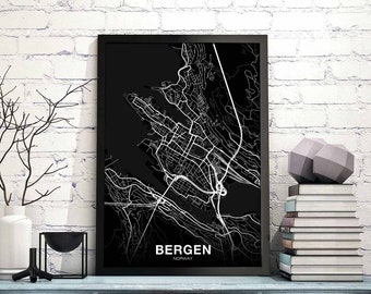BERGEN Norway map poster black white Hometown City Print Modern Home Decor Office Decoration Wall Art Dorm Bedroom Gift