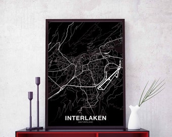 INTERLAKEN Switzerland map poster black white Hometown City Print Modern Home Decor Office Decoration Wall Art Dorm Bedroom Gift